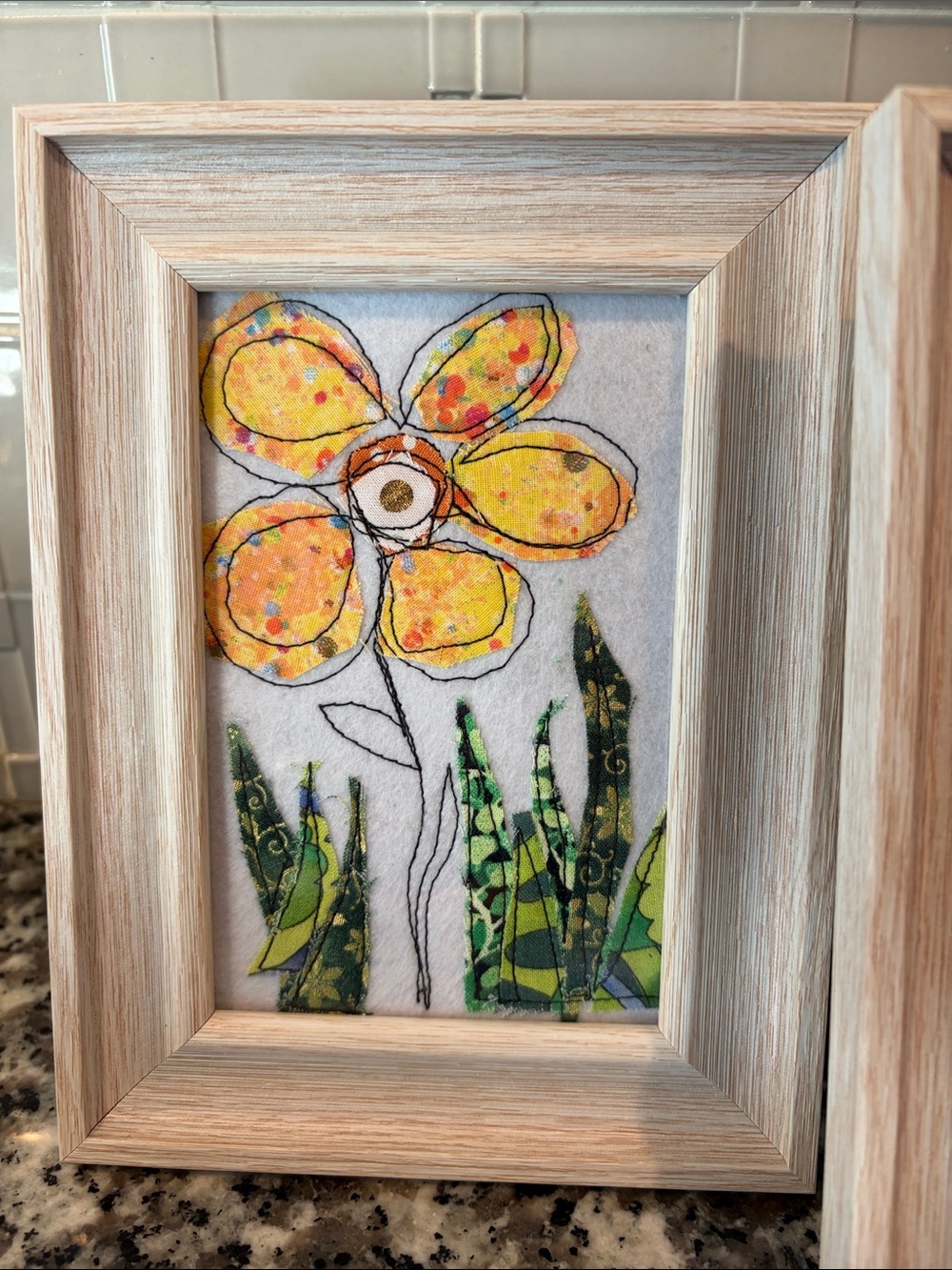Handcrafted Floral Fiber Art Wall Plaque w/ stand Yellow & Green 
4x6